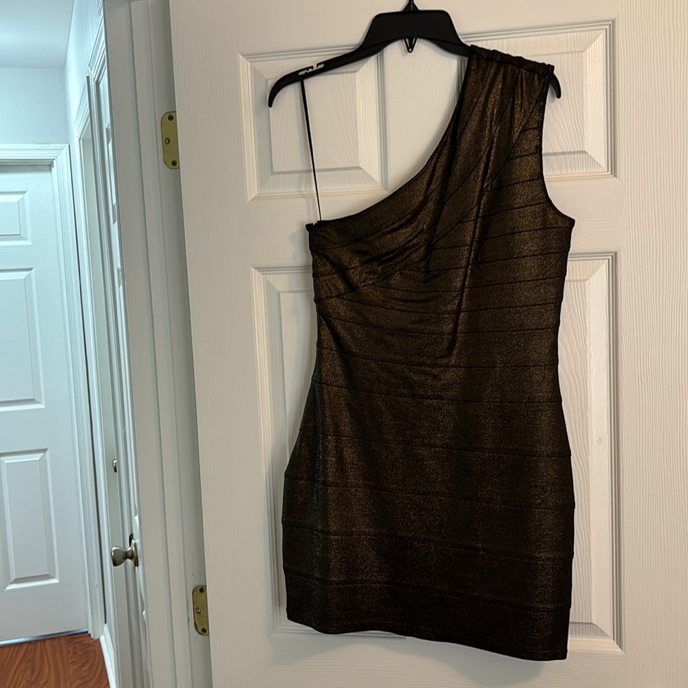 EXPRESS bronze metallic one shoulder cocktail dress
